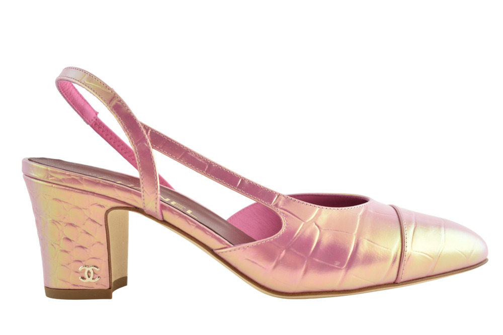 Chanel 26K Pink Iridescent Crocodile Croc Coco Slingback Block Low Heel Pump 37